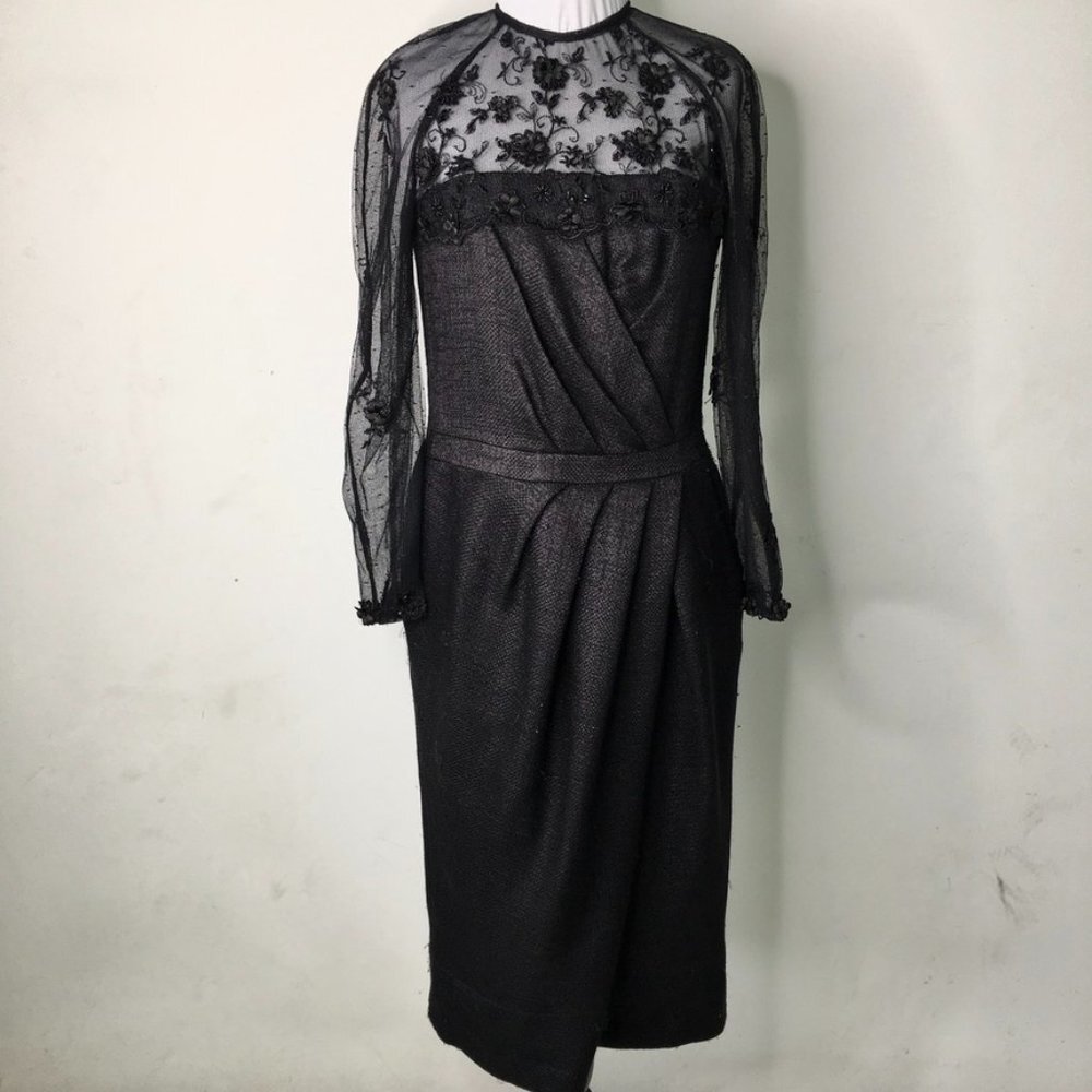 Escada Women's Black Lace Sheer Long Sleeve Sheath Dress Size 36 / 6 US